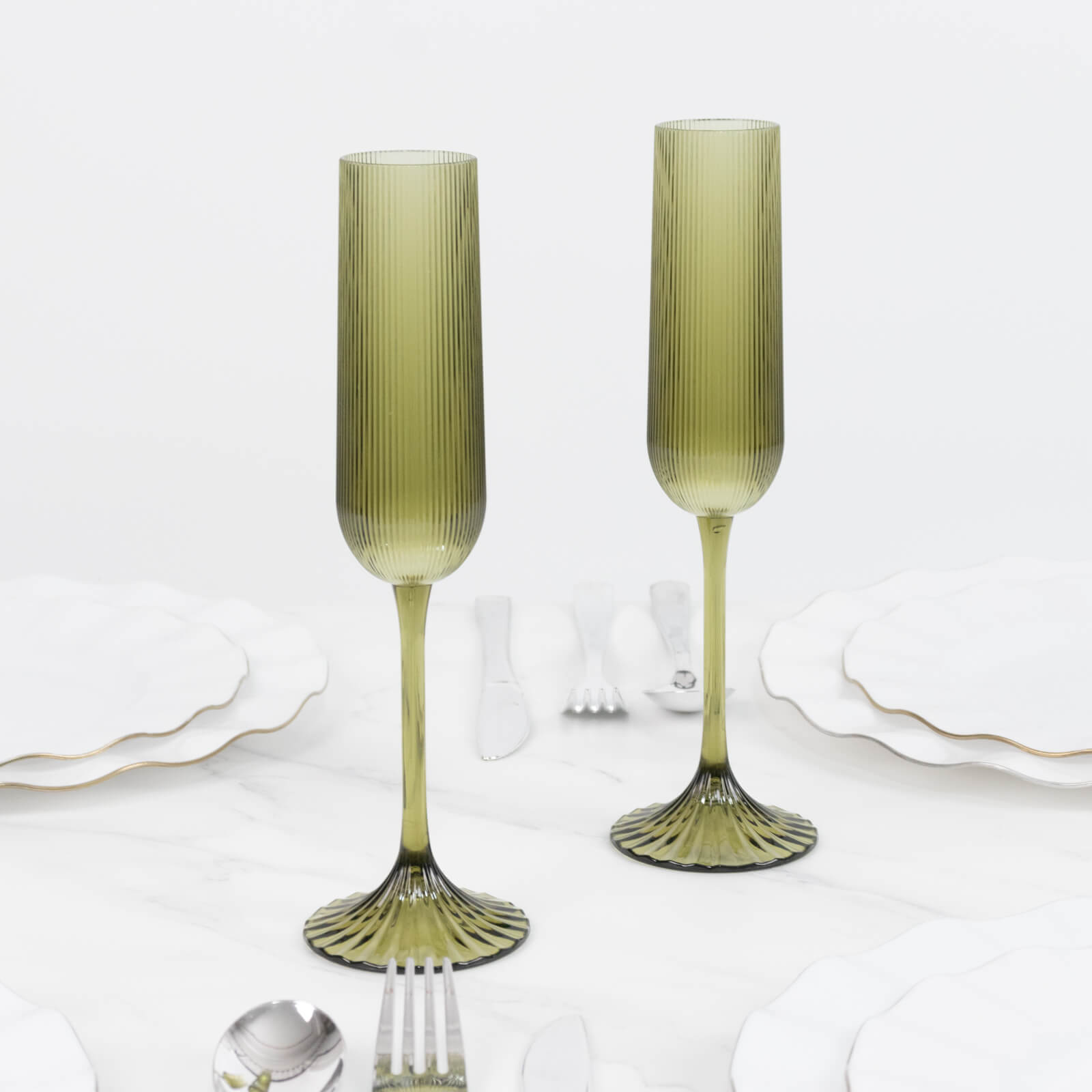 12 Pack Vintage Ribbed Champagne Flutes 4oz Transparent Dusty Sage Green – Disposable Plastic Toasting Glasses